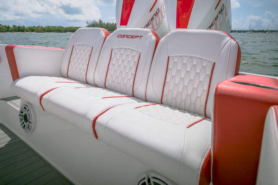 Rear Bench Seating: <p>These rear seats make for a comfy and supportive seating area whether anchored or underway.</p>
